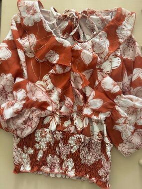 Rust Floral Smocked Waist Ruffle Blouse